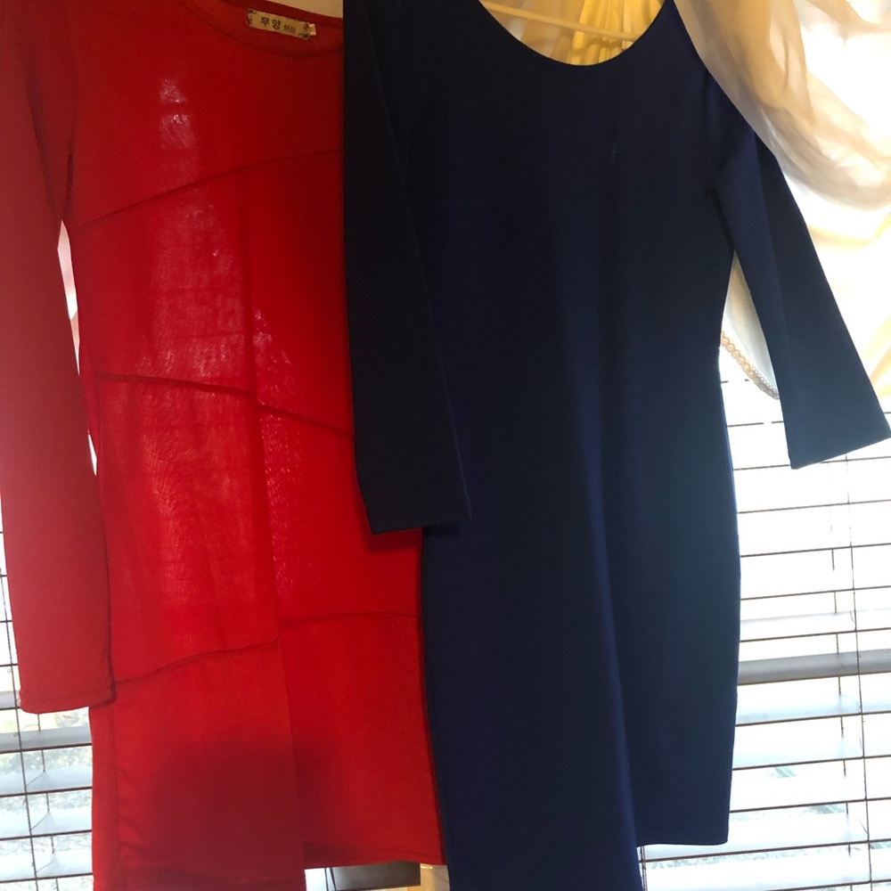 2 dresses, blue and red, form fitting